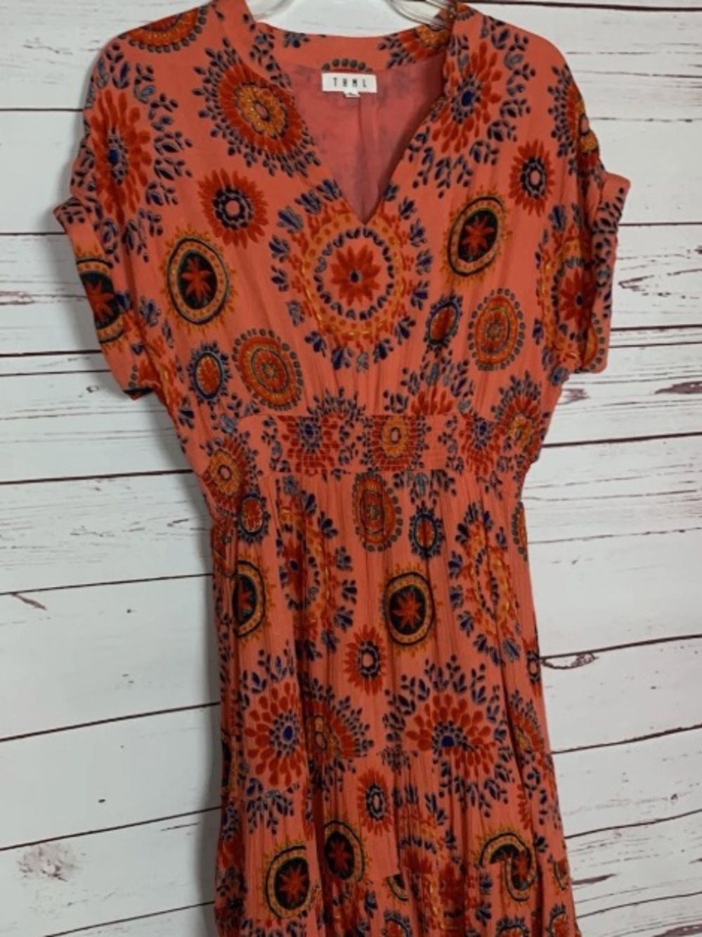 TNA Coral Midi Dress with Blue and Yellow Medallion Print